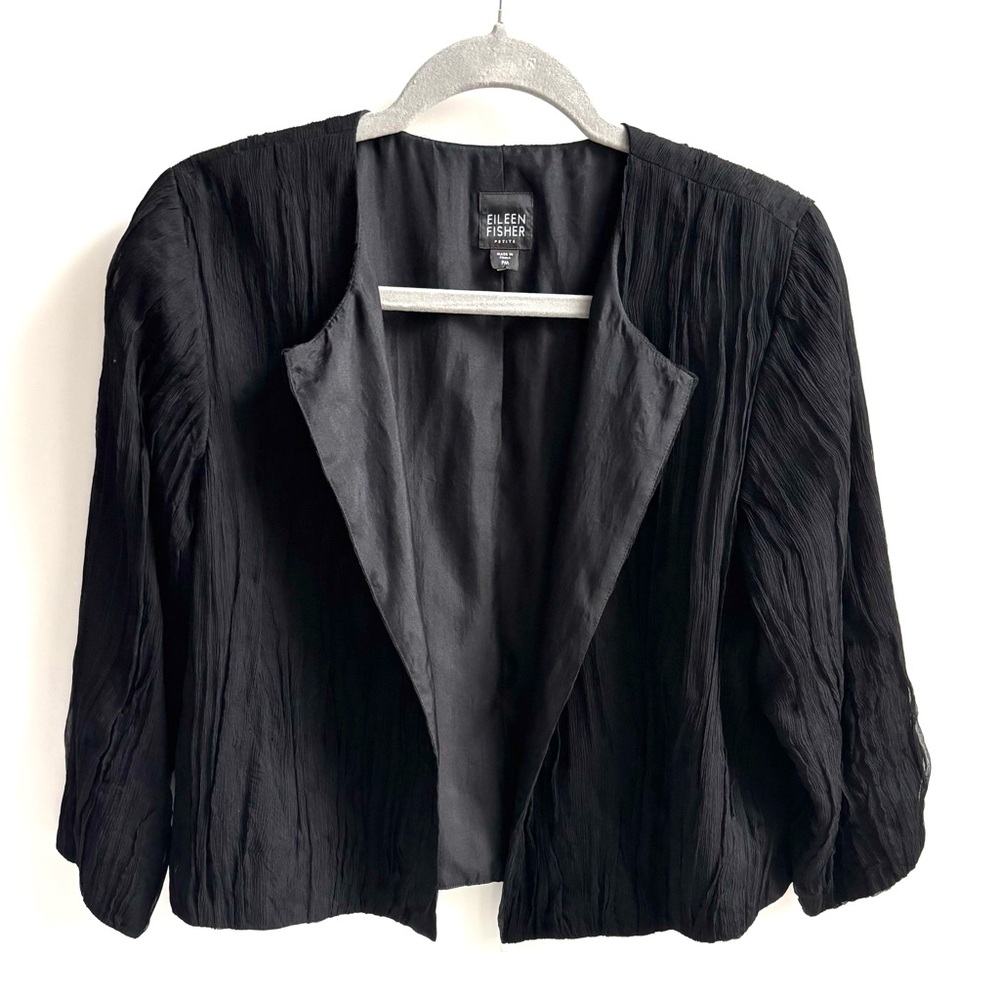 Eileen Fisher Silk Open Front Crinkled Crop Black Jacket  Medium